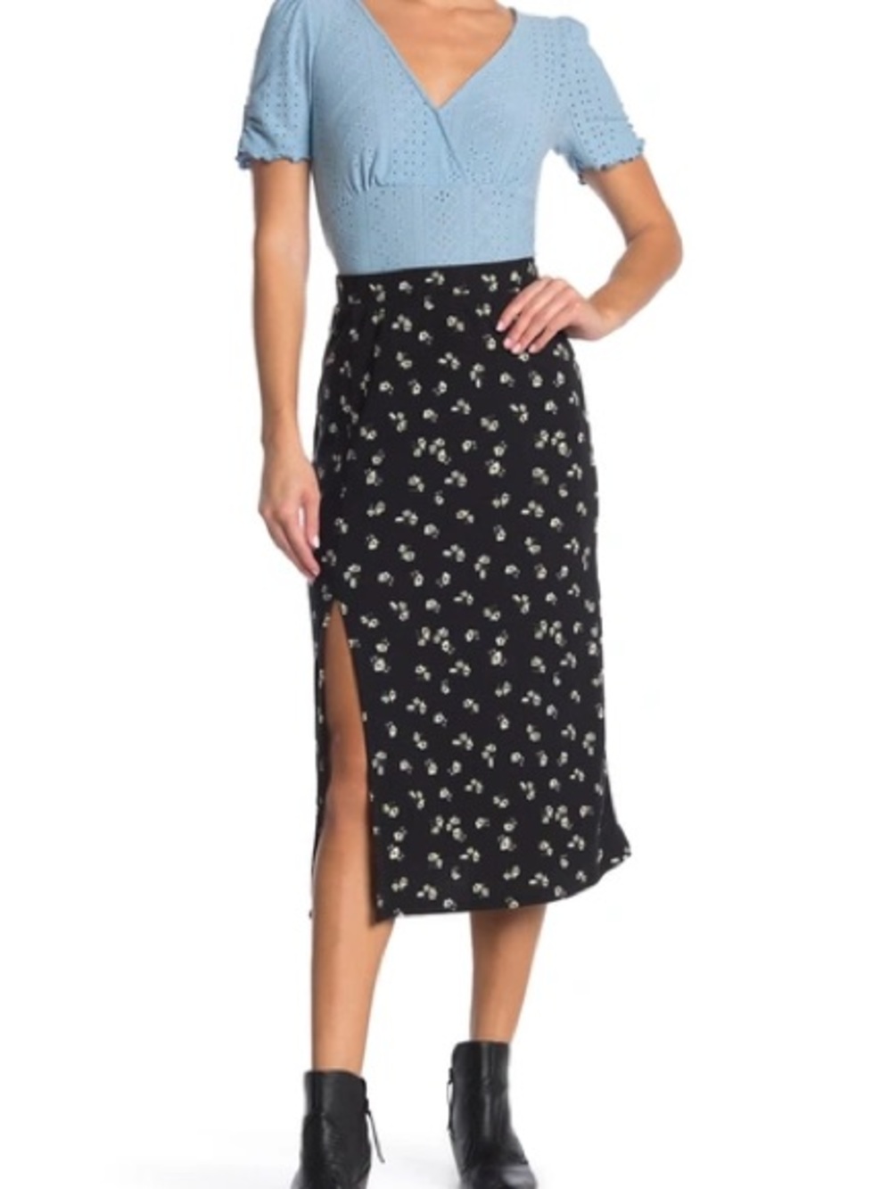Nine West Black Midi Skirt with White Floral Print and Side Slit